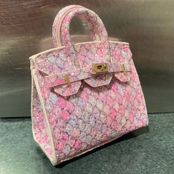 👜Handmade Mini Pastel Glitter Fish Scale Birkin AirPods Tote Bag Charm Miniature - Picture 2 of 8